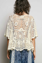 Pol Clothing - 3/4 Sleeve V-neck Crochet Varied Pattern Flared Top