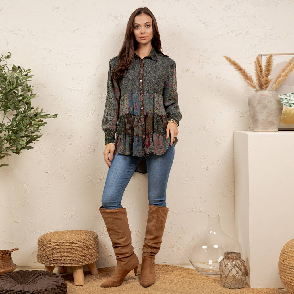 Young Threads - Vintage Floral Boho Ruffle Hem Button Down Tunic Top NEW