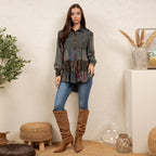 Young Threads - Vintage Floral Boho Ruffle Hem Button Down Tunic Top NEW