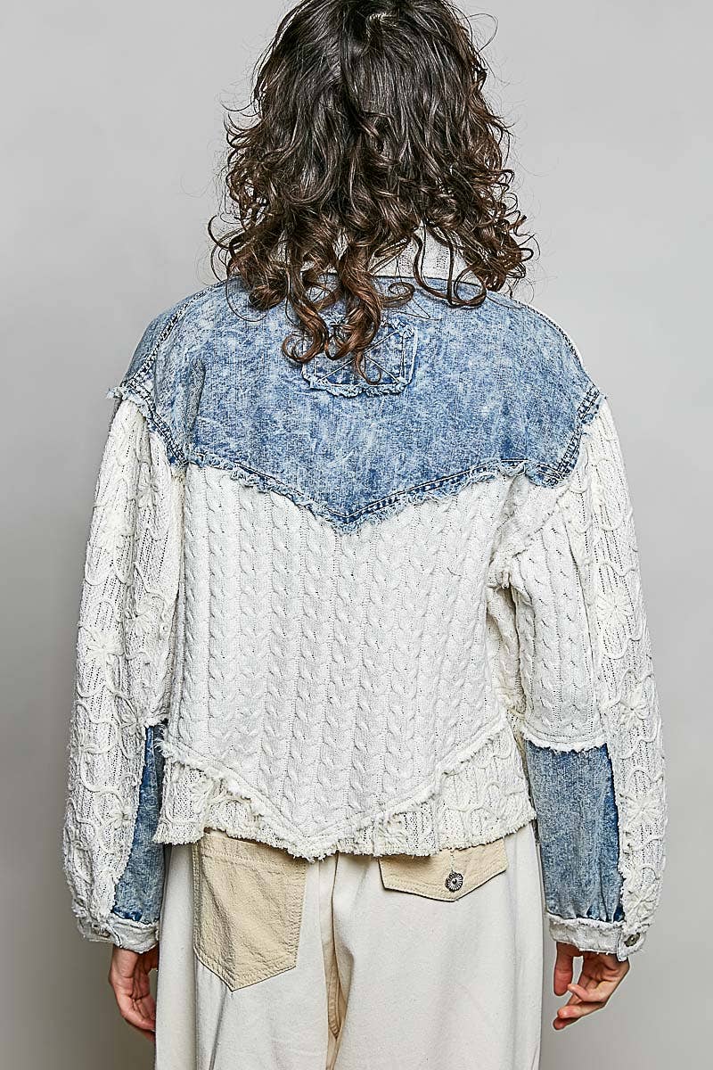 Pol Clothing - Cable Knit Lace Patchwork Woven Long Sleeve Shirt Top
