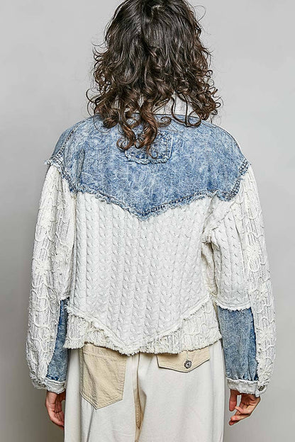 Pol Clothing - Cable Knit Lace Patchwork Woven Long Sleeve Shirt Top