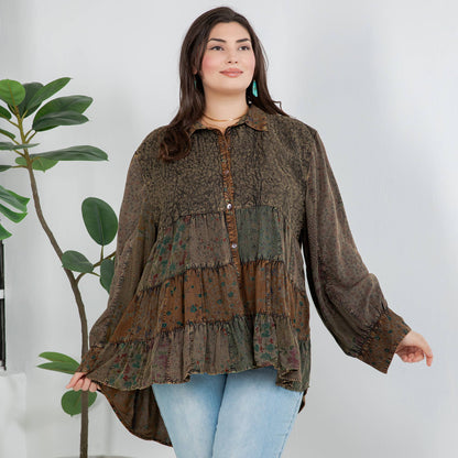 Young Threads - Front-Open Boho Shirt with Quilted Emb & Rayon Tiers