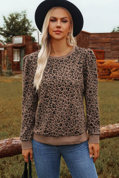Ribbed Trim Leopard Print Long Sleeve Top