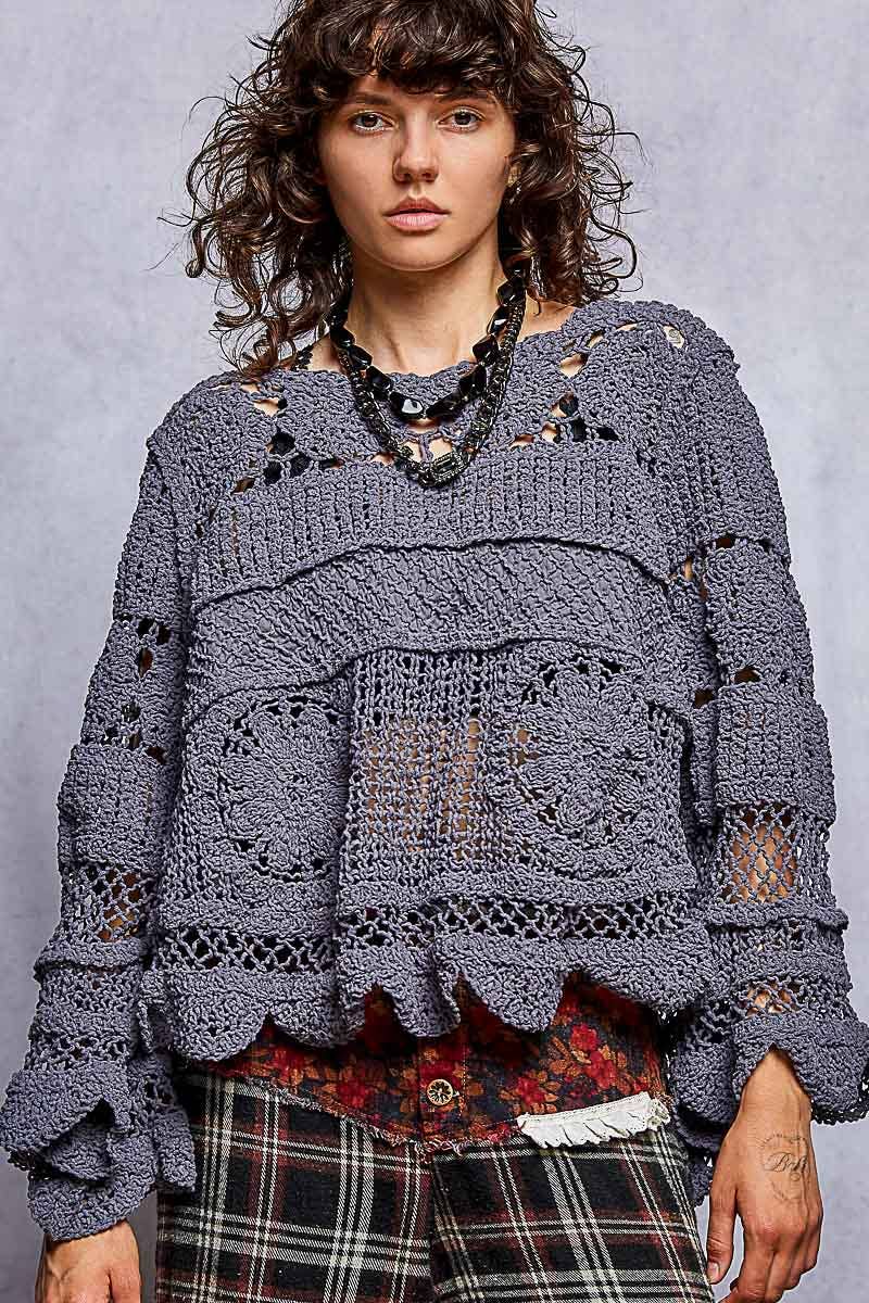 Pol Clothing - Textured Stitch Scalloped Trim Crochet Knit Sweater Top