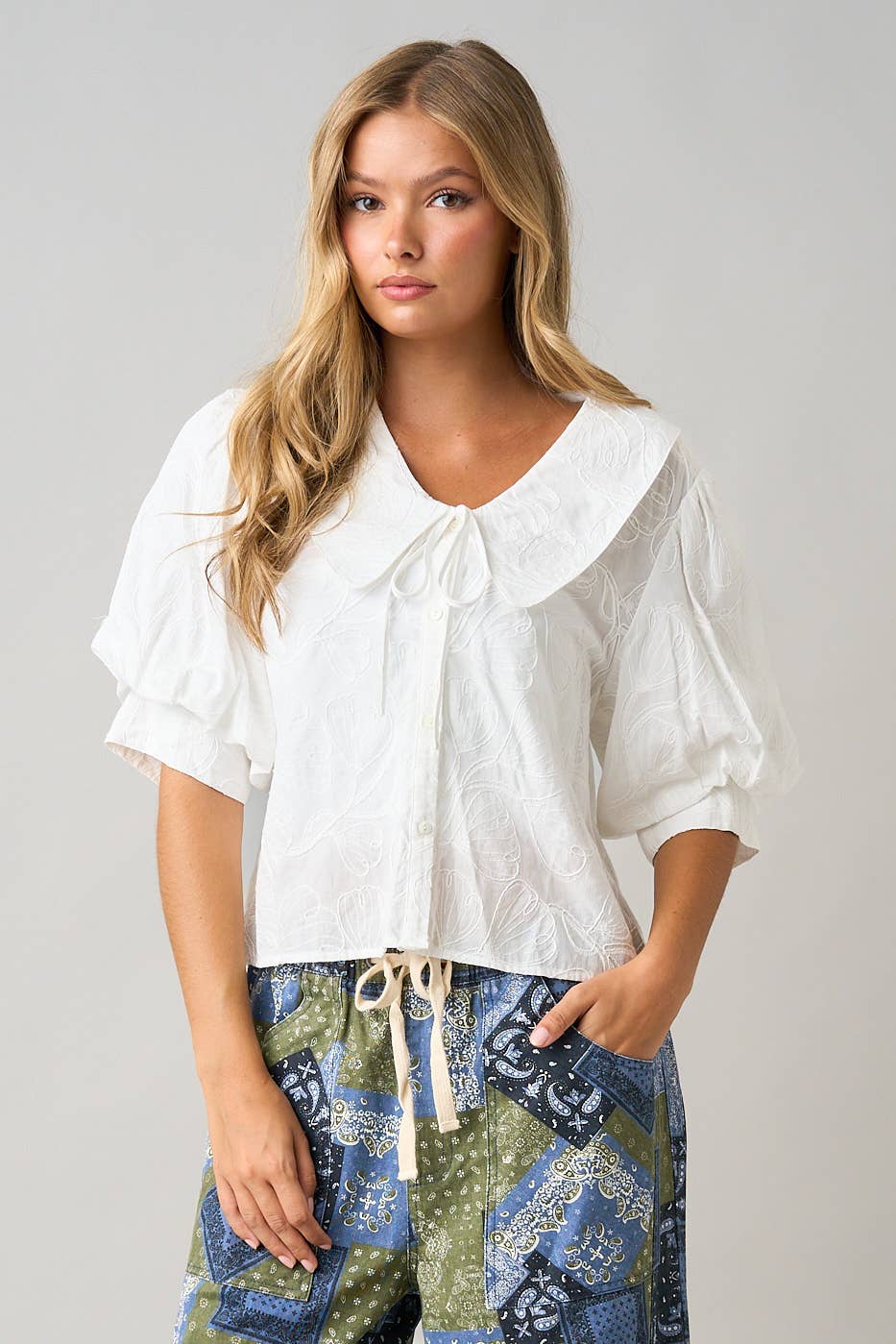 mittoshop - EMBROIDERED PETER PAN COLLAR PUFF SLEEVE BLOUSE