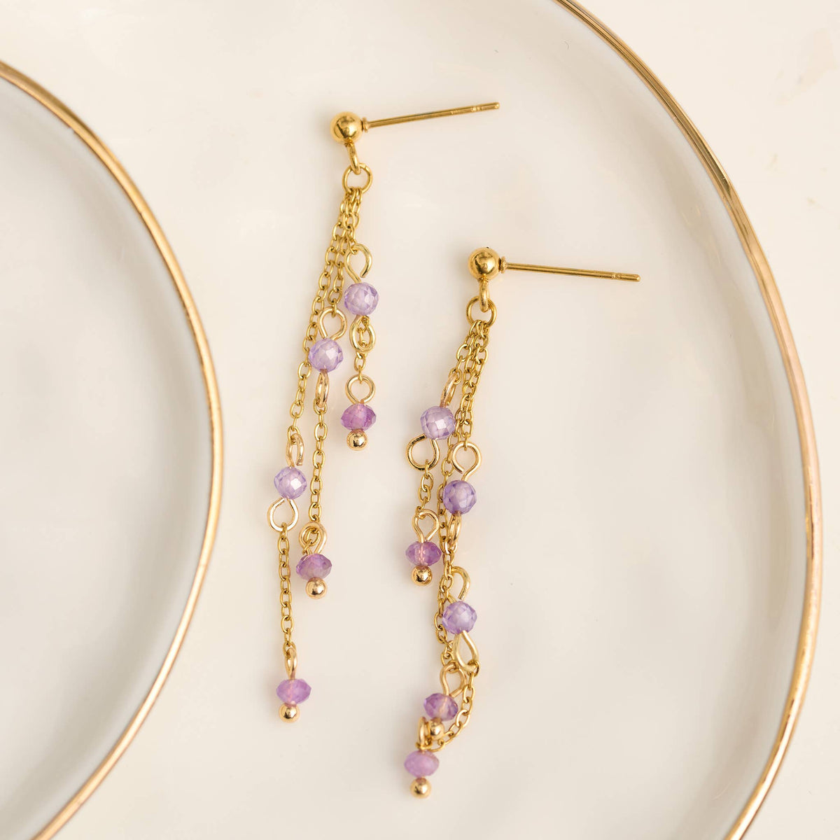 Howard's - Waterproof Earrings Amethyst Drop Narelle Gold Beaded Chain