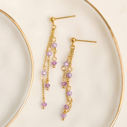 Howard's - Waterproof Earrings Amethyst Drop Narelle Gold Beaded Chain