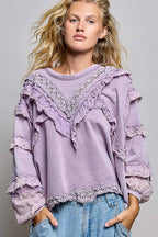 Pol Clothing - French Terry Eyelet Ruffle Vintage Washing Solid Knit Top