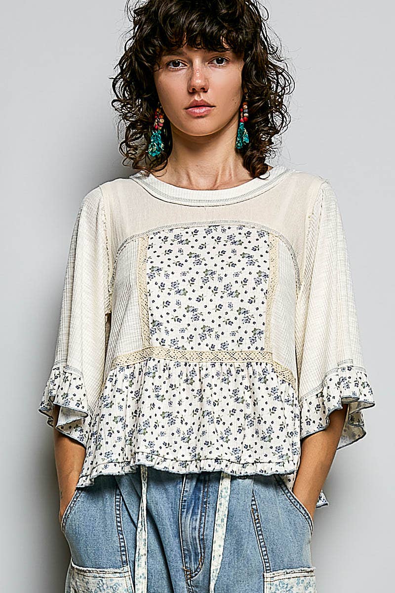 Pol Clothing - Round Neck Floral Patchwork Ruffle Hem 3/4 Sleeve Top