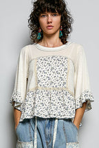 Pol Clothing - Round Neck Floral Patchwork Ruffle Hem 3/4 Sleeve Top
