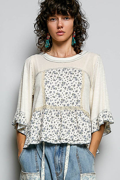 Pol Clothing - Round Neck Floral Patchwork Ruffle Hem 3/4 Sleeve Top
