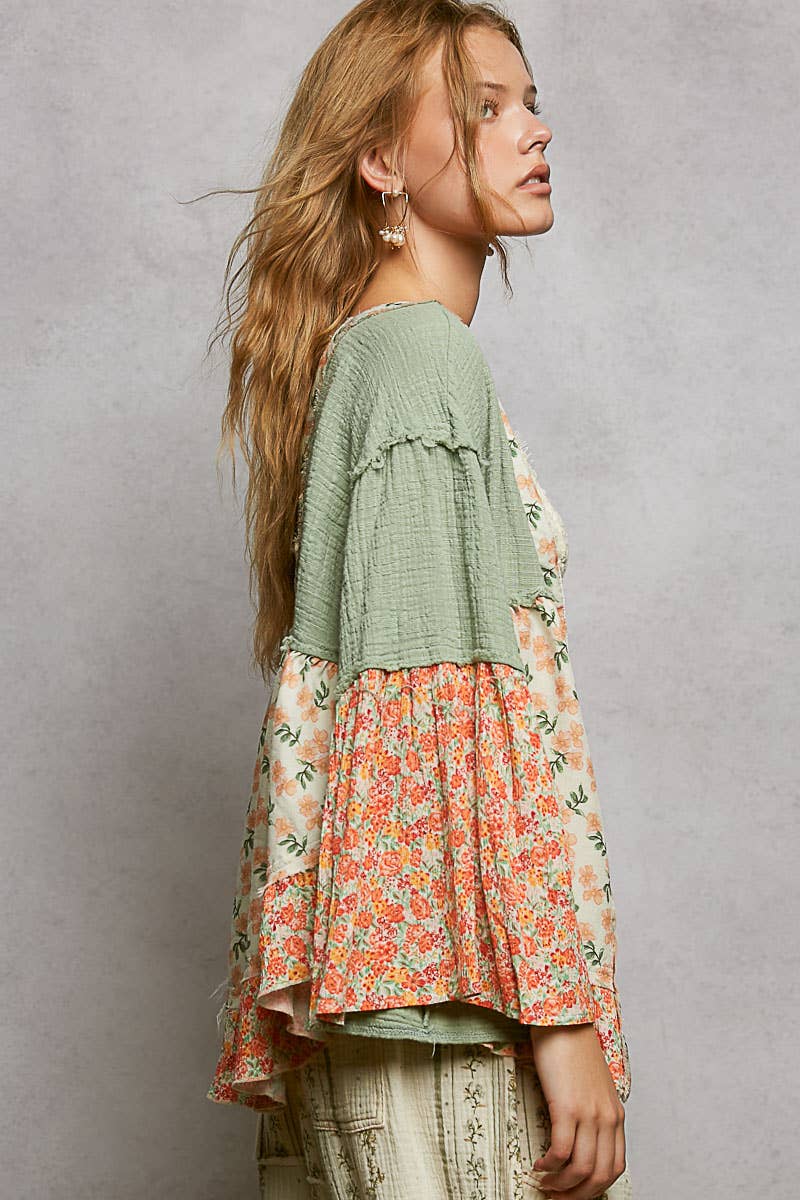 Pol Clothing - Double Gauze Floral Roomy Fit Open Cardigan with V-Back