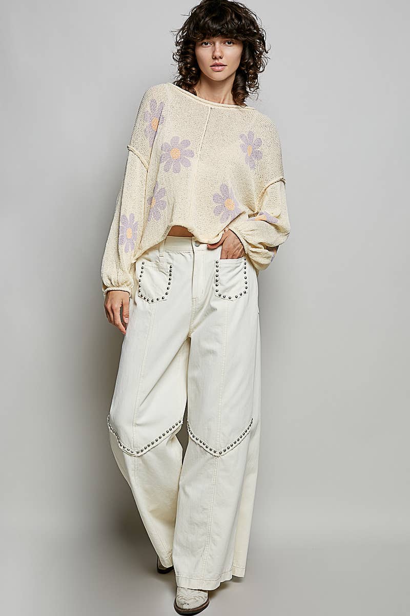 Pol Clothing - Round Neck Balloon Sleeve Floral Print Thin Sweater