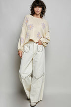 Pol Clothing - Round Neck Balloon Sleeve Floral Print Thin Sweater