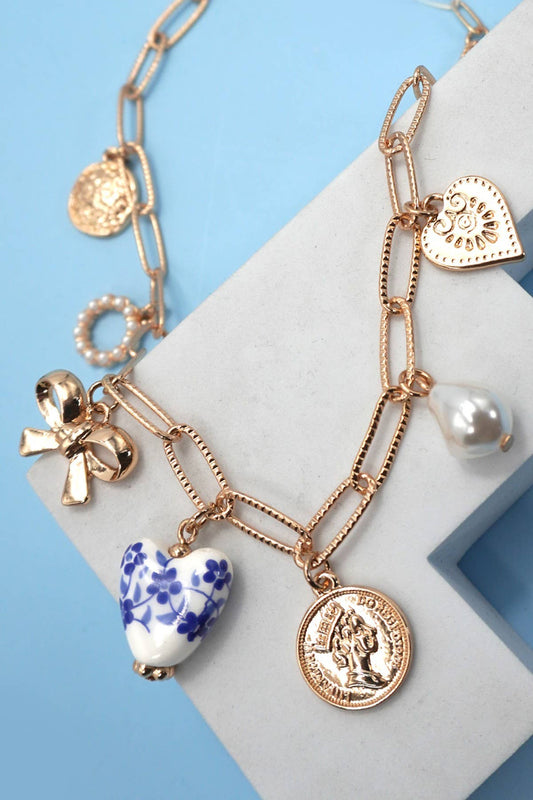 CERAMIC PORCELAIN BOW HEART CHARM LINK NECKLACE |