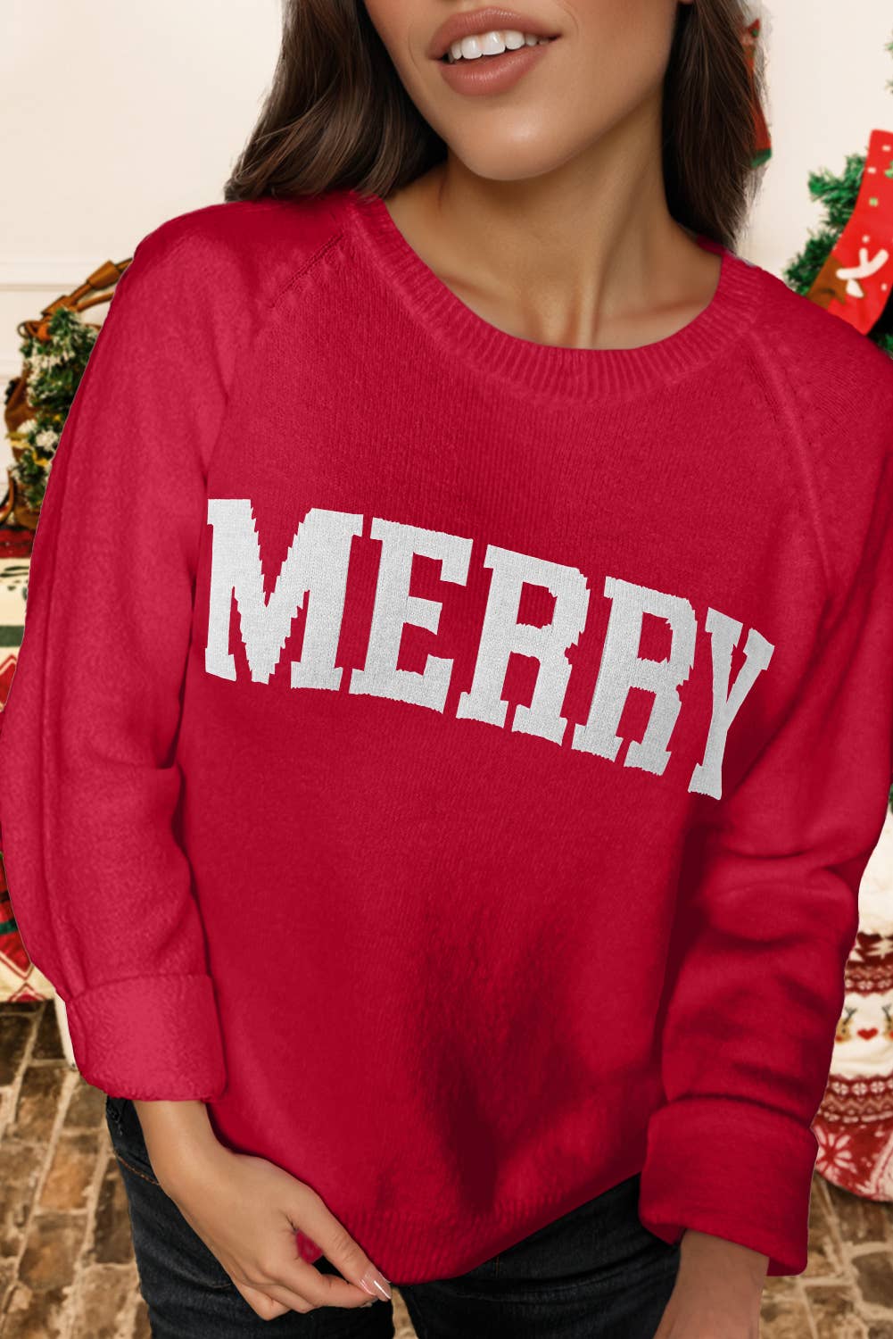 Christmas Raglan Sleeve MERRY Letter Sweater