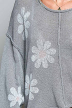 Pol Clothing - Round Neck Balloon Sleeve Floral Print Thin Sweater