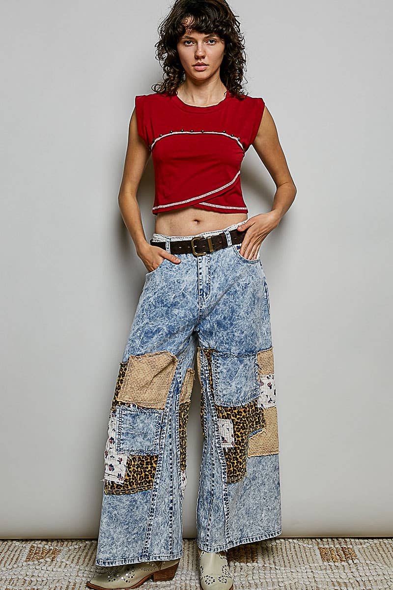 Pol Clothing - Handcrafted Vintage DIY Patchwork-Style Waistband Wide Pant