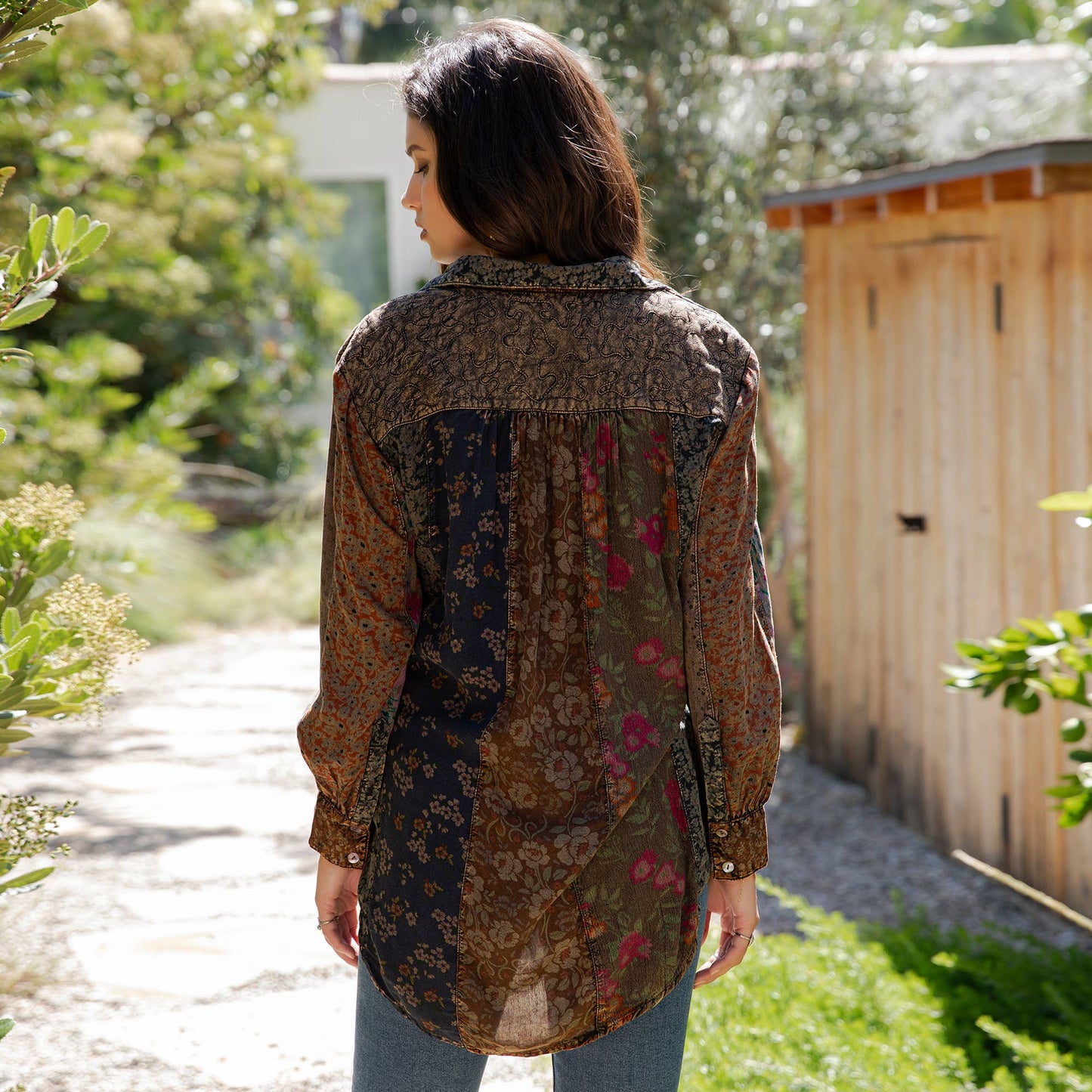 Young Threads - Front-Open Boho Shirt with Quilted Emb & Rayon Tiers