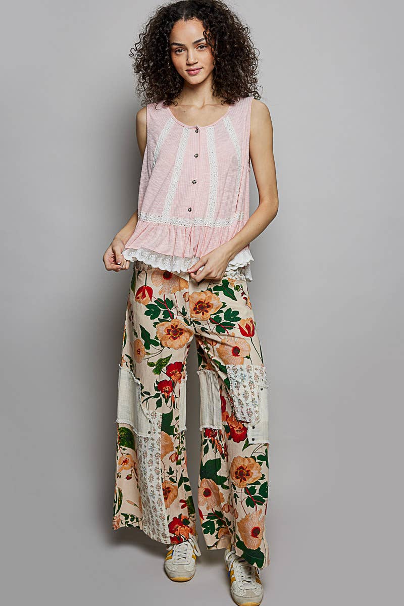 Pol Clothing - Metal Button Down Lace Trim Ruffle Round Neck Sleeveless