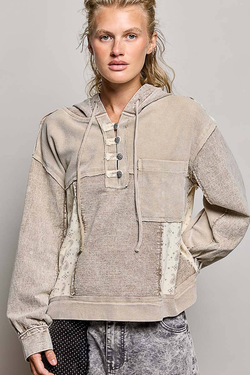 Pol Clothing - Mixed-Texture Patchwork Henley Button Patch Hoodie