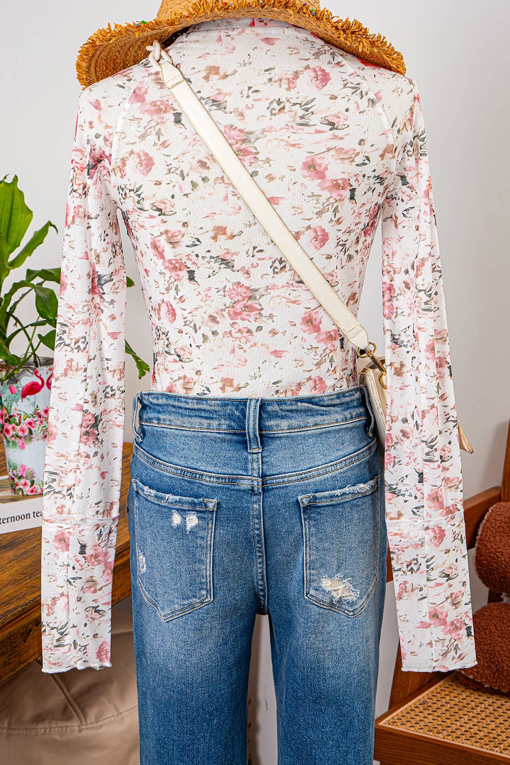 Fashion-W Floral Long Sleeve Mock Neck Sheath Mesh Blouse