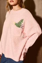 LE LIS - Embroidered Christmas Tree Pocket Oversized Knit Sweater