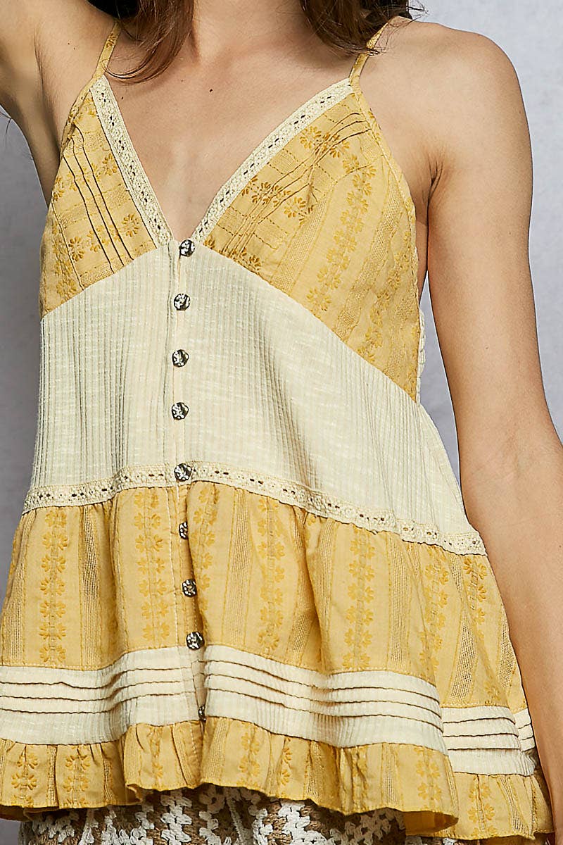 Pol Clothing - Adjustable Strap Ruffle Pintuck Sleeveless Cotton Top