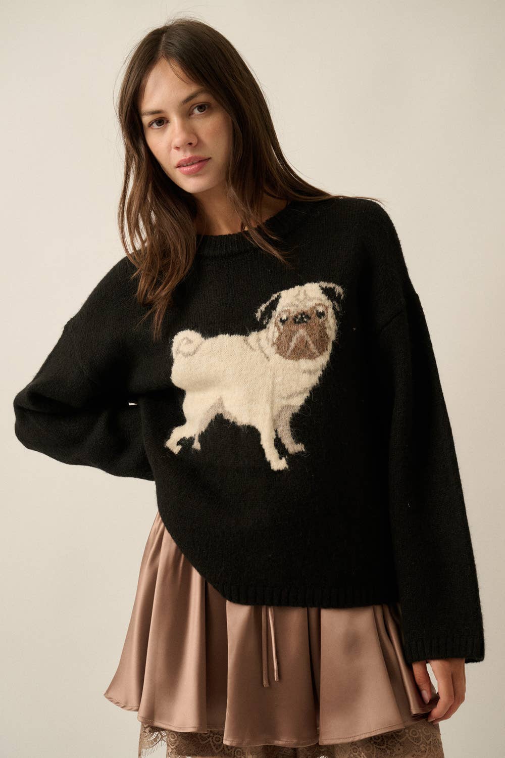Pug Dog Solid Knit Relaxed-Fit Drop-Shoulder Sweater