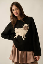 Pug Dog Solid Knit Relaxed-Fit Drop-Shoulder Sweater