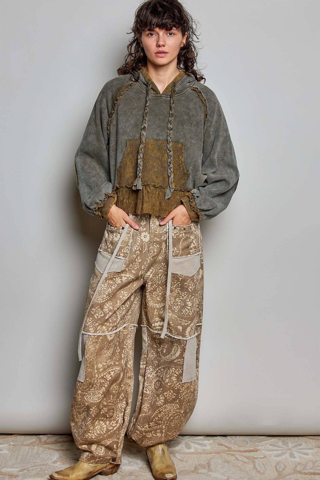 Pol Clothing - Cropped Balloon Sleeves Thermal Knit Lace Casual Hoodie