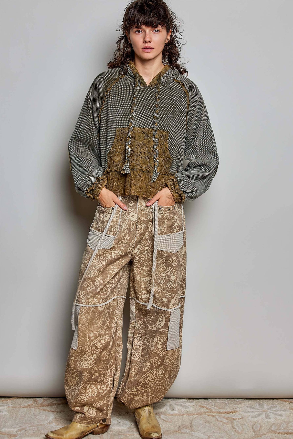 Pol Clothing - Cropped Balloon Sleeves Thermal Knit Lace Casual Hoodie