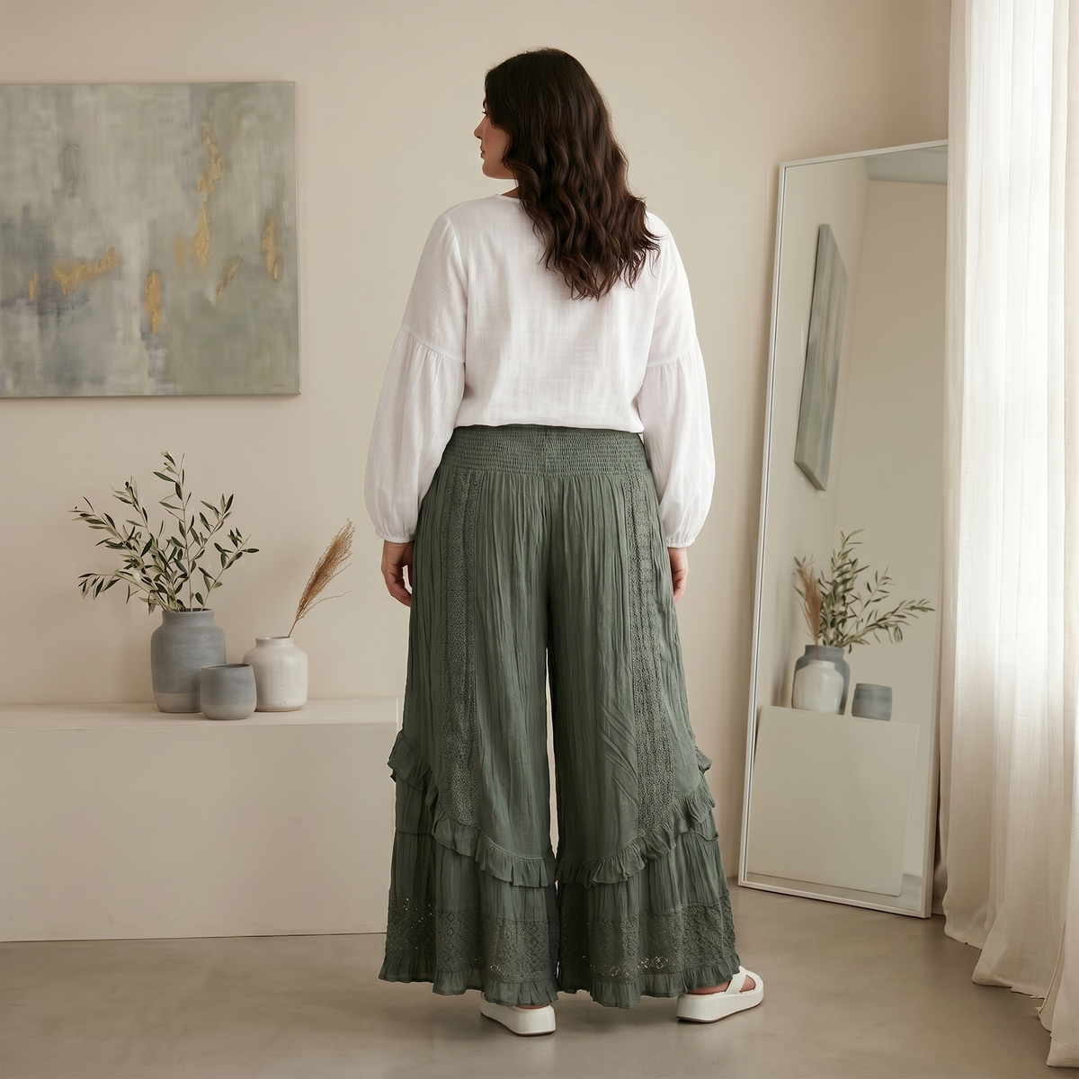 Young Threads - Boho Smocked Mineral Wash Lace Tiered Ruffle Pants NEW