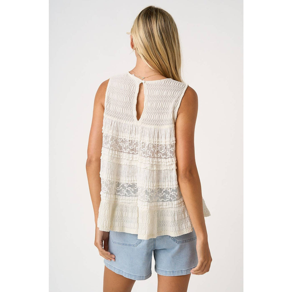 LACE TEXTURE RUFFLE TIER ROUND NECK TANK TOP