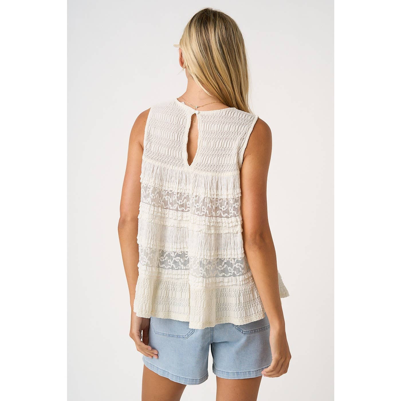 LACE TEXTURE RUFFLE TIER ROUND NECK TANK TOP