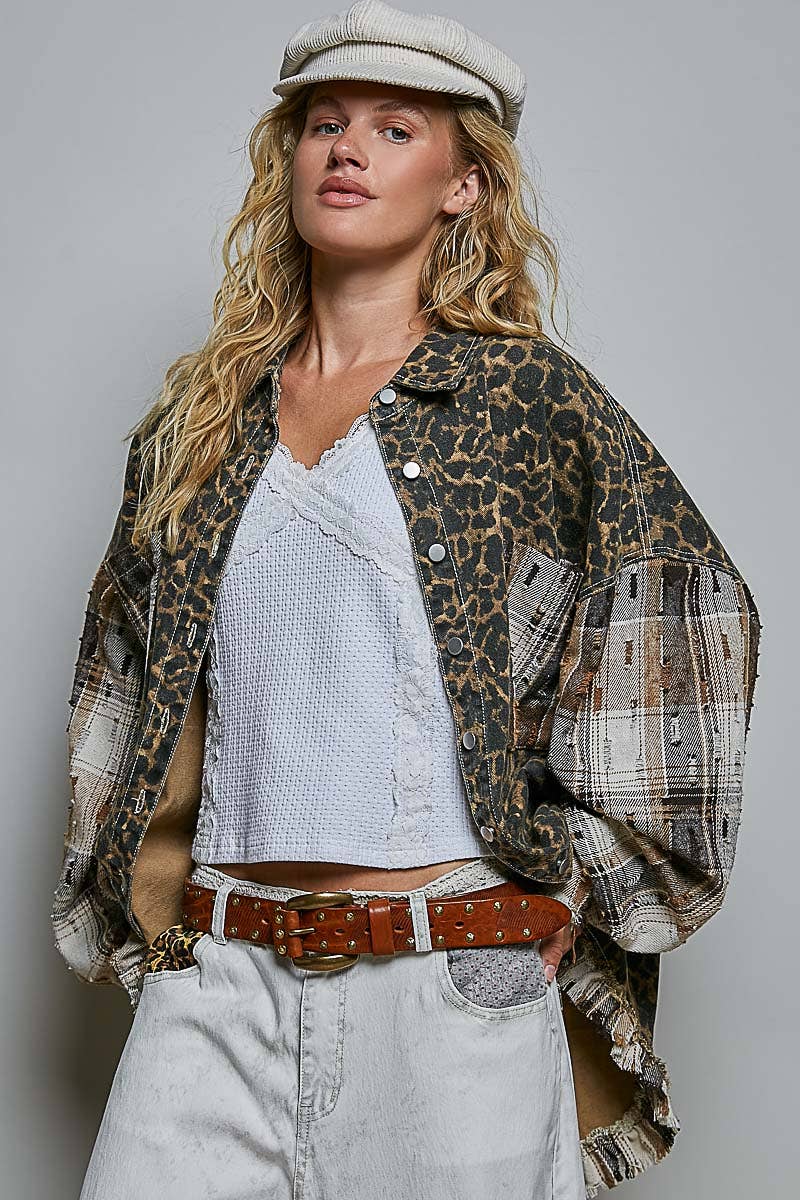 Pol Clothing - Allover Print Pattern Raw-Edge Fringe Trim Shirt Jacket