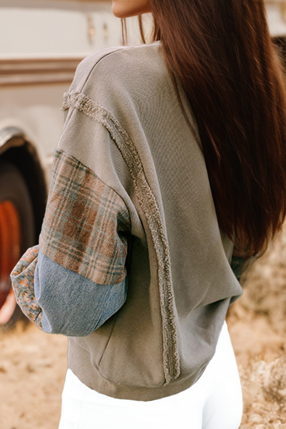 Fashion Plaid Colorblock Patched Sleeve Raw Seam Sweatshirt