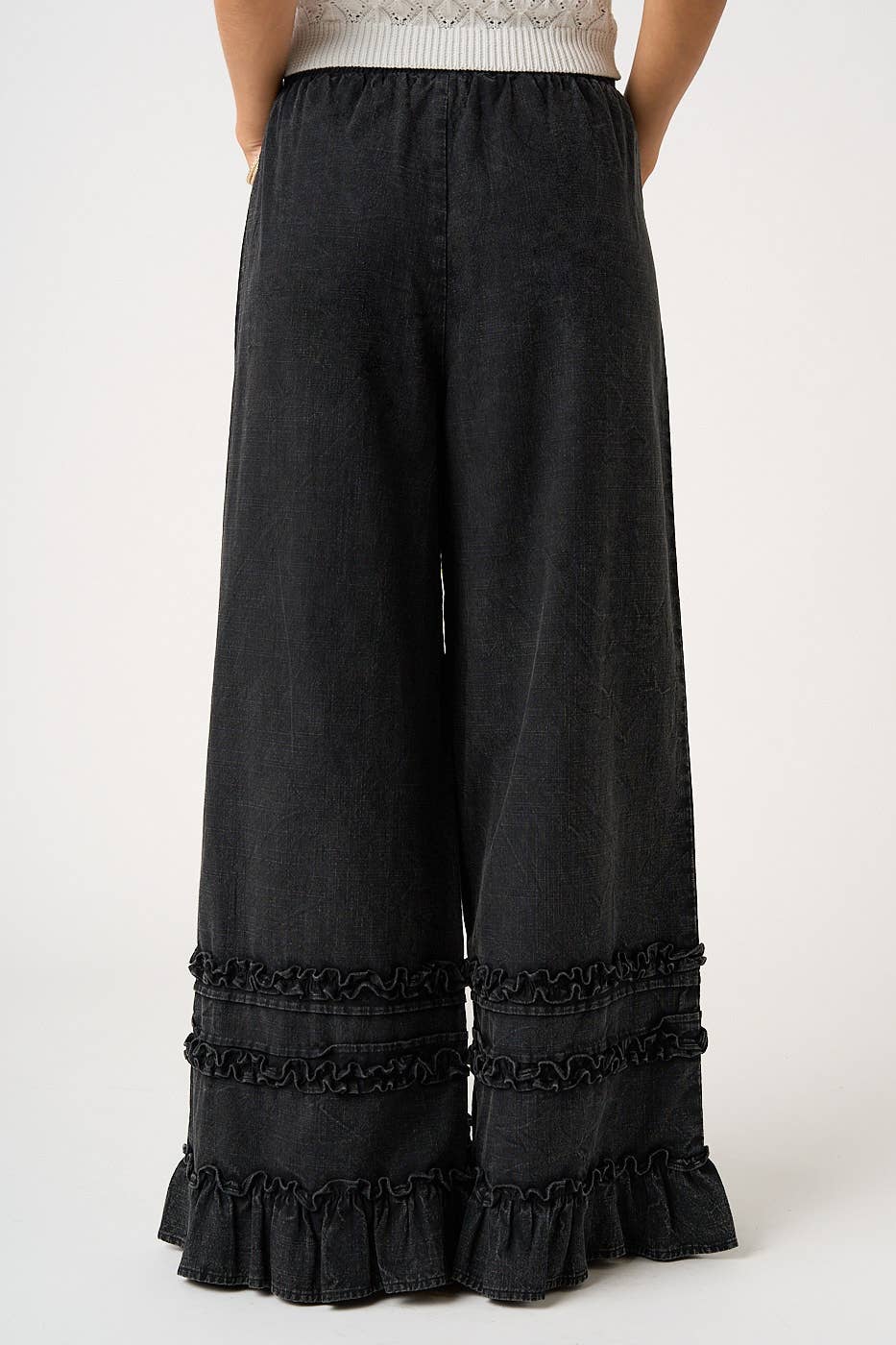 RUFFLE TRIM POCKET MINERAL WASH WIDE LEG PANTS