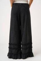 RUFFLE TRIM POCKET MINERAL WASH WIDE LEG PANTS