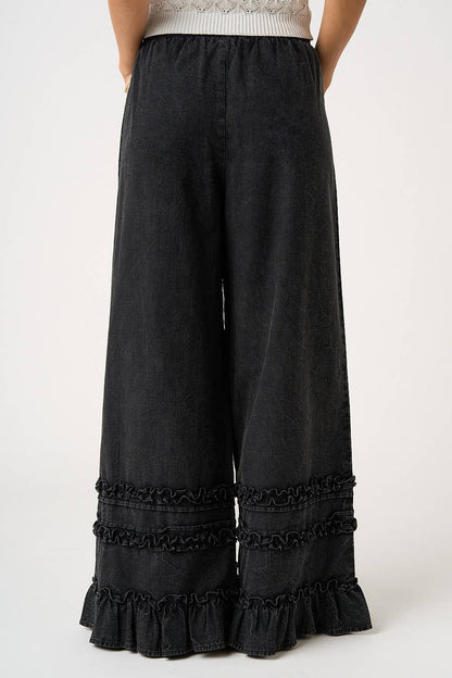 RUFFLE TRIM POCKET MINERAL WASH WIDE LEG PANTS