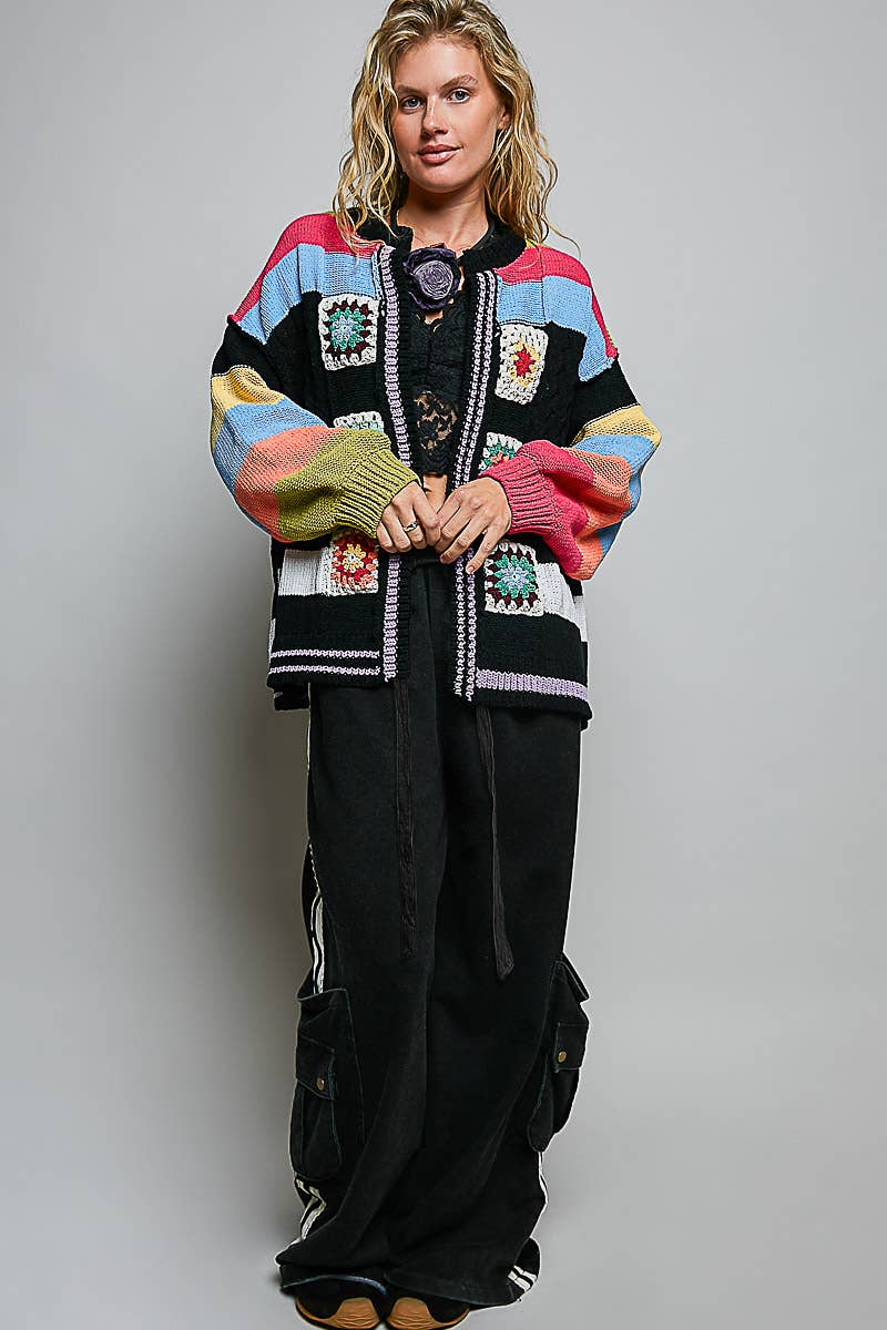 Pol Clothing - Handmade Patchwork Striped Chenille Sweater Open Cardigan