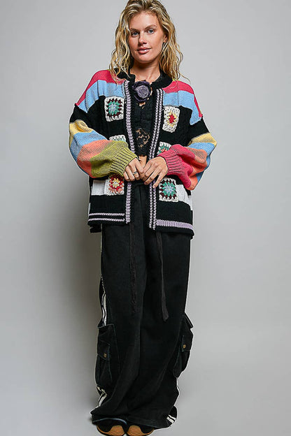 Pol Clothing - Handmade Patchwork Striped Chenille Sweater Open Cardigan