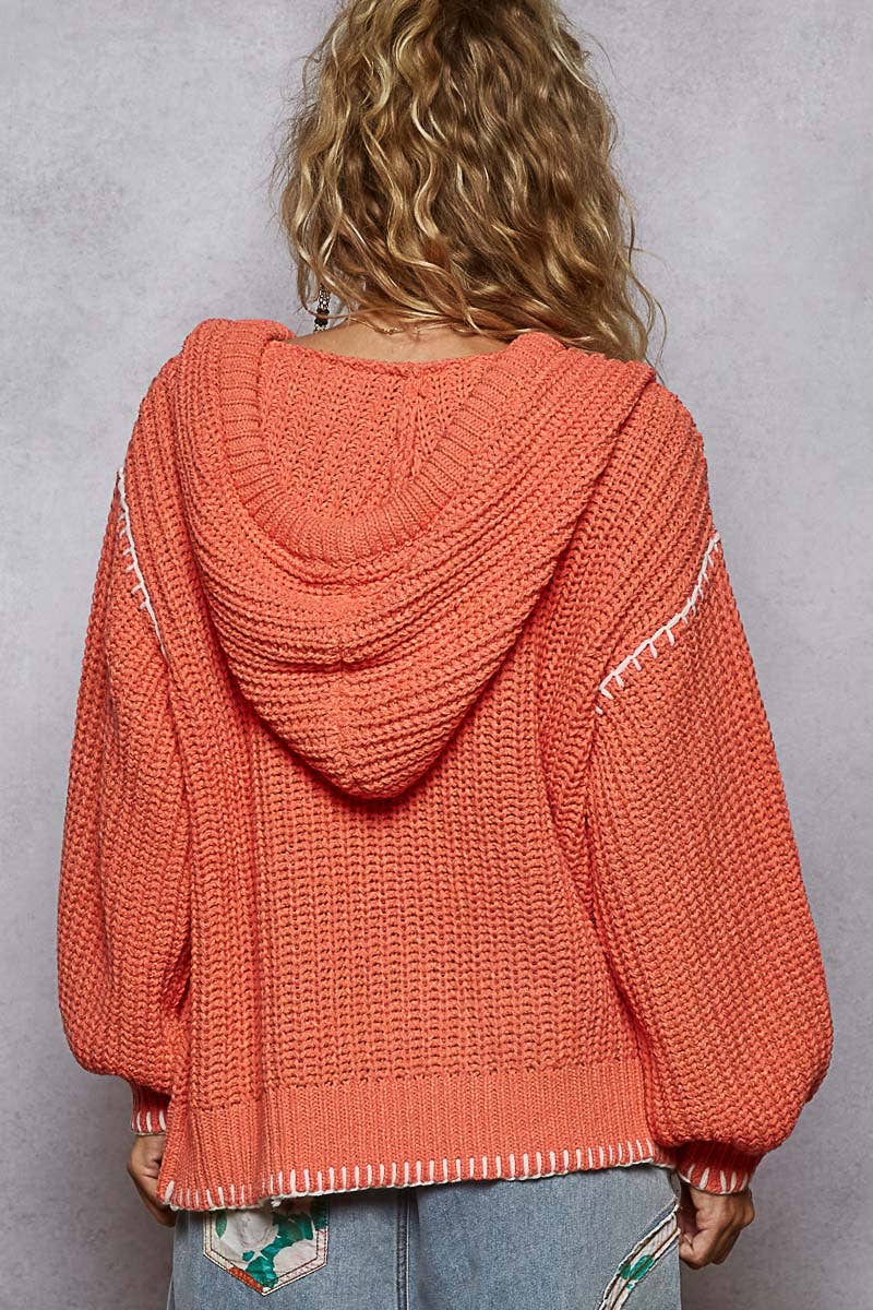 Pol Clothing - V-neck solid stitch point hoodie chenille sweater top