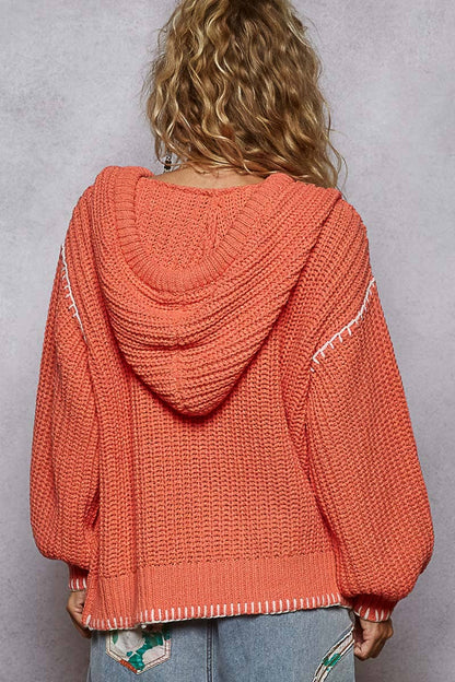 Pol Clothing - V-neck solid stitch point hoodie chenille sweater top