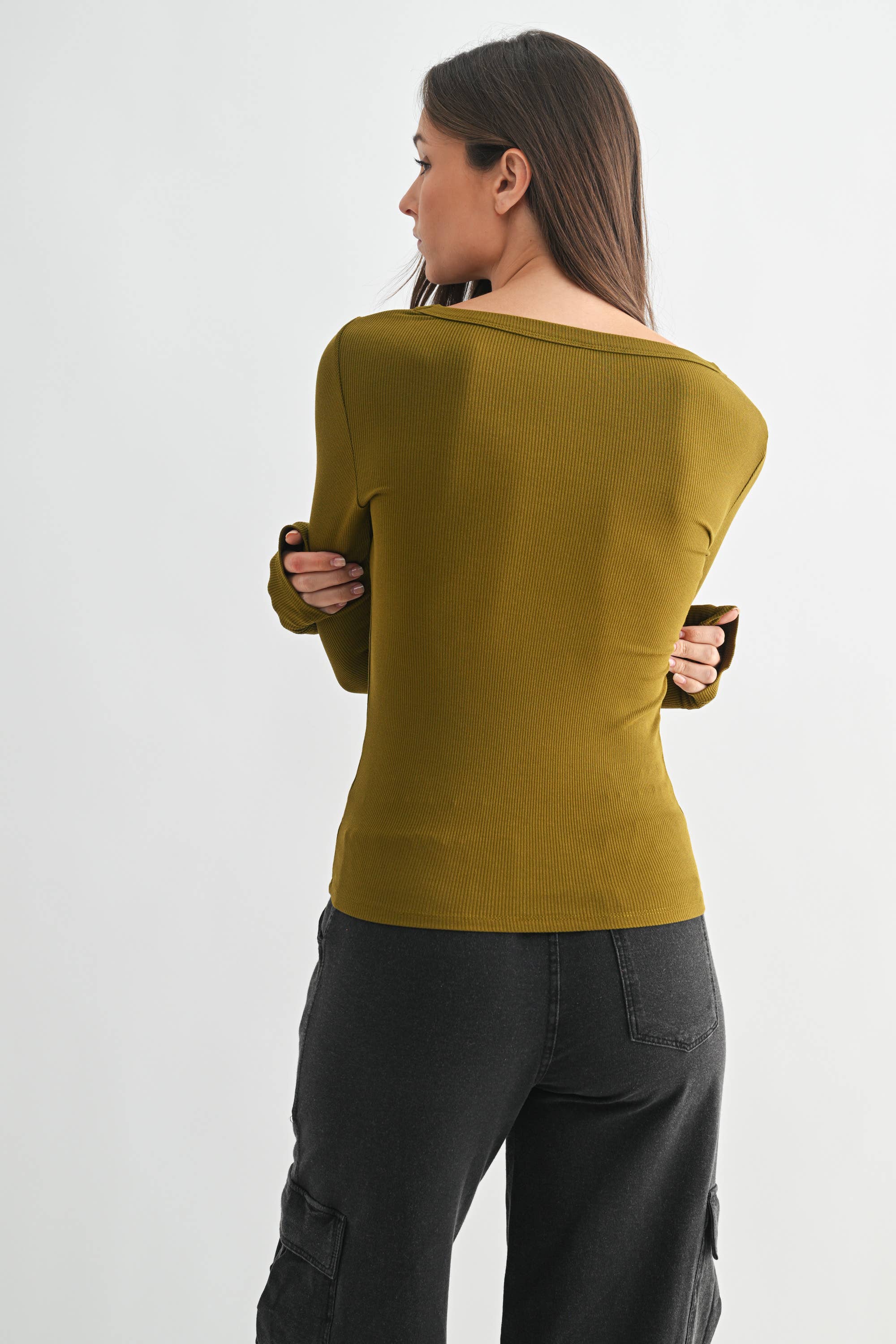 Scoop Neck Micro-Ribbed Long Sleeve Top Mono B