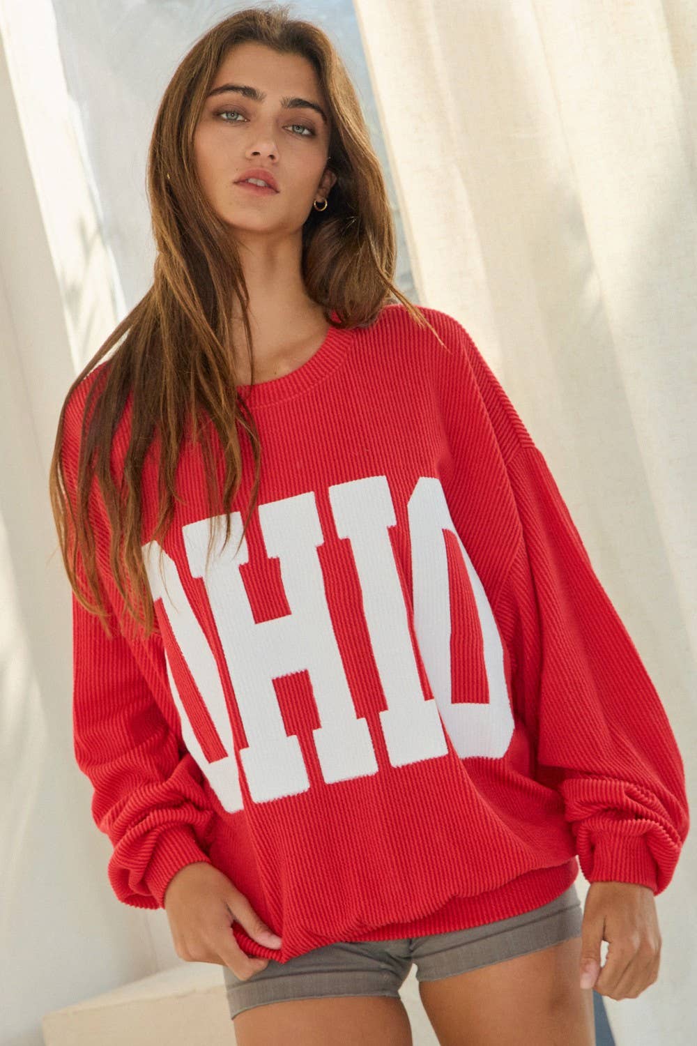 OHIO' Print Ribbed Oversized Graphic Sweatshirt