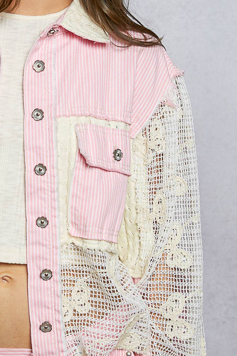 Pol Clothing - Cable Knit Lace Patchwork Woven Long Sleeve Shirt Top