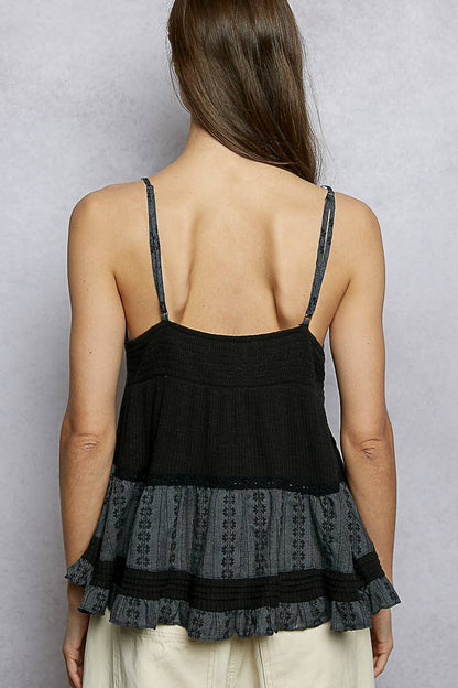 Pol Clothing - Adjustable Strap Ruffle Pintuck Sleeveless Cotton Top