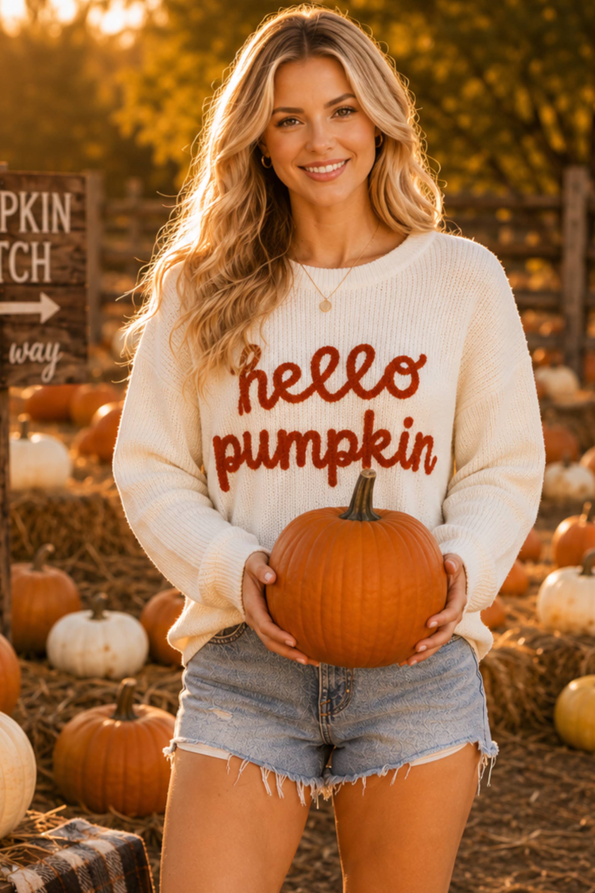 Main Strip - Hello Pumpkin Embroidered Knit Sweater – Fall Cozy Pullover