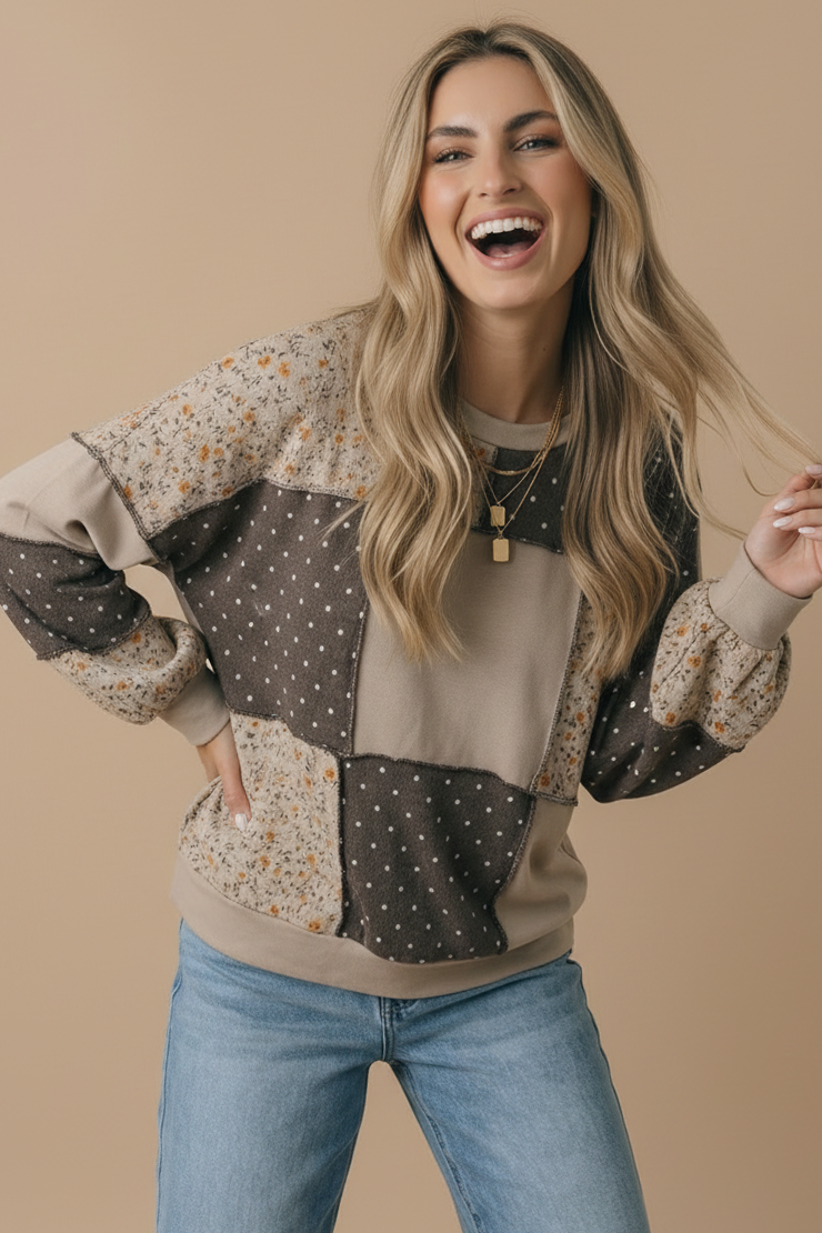 Haptics - Round Neck Mixed Print Patchwork Pullover